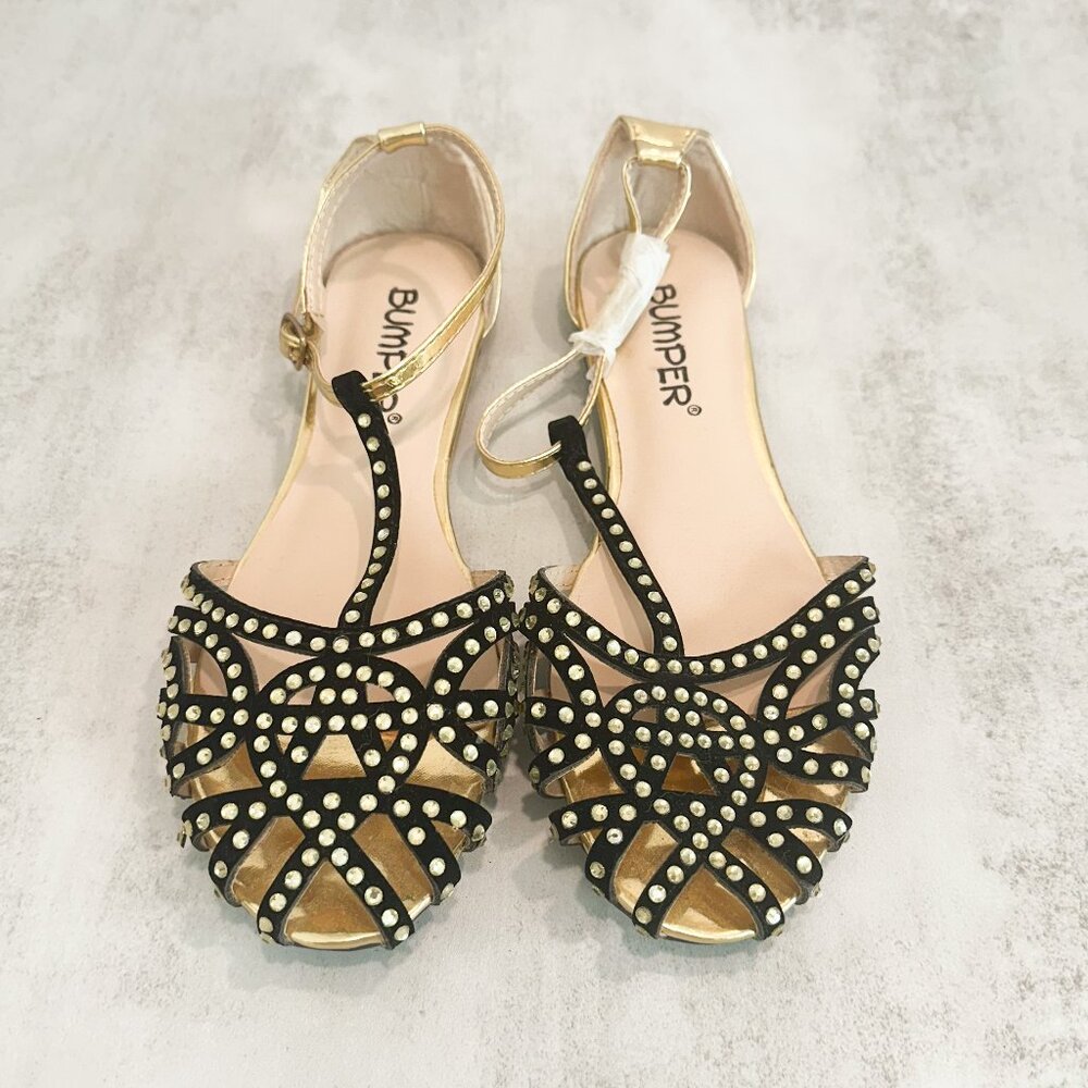 NWOT Bumper Ballet Flats Shoes Sandles Black Gold Rhinestones Strappy Holiday